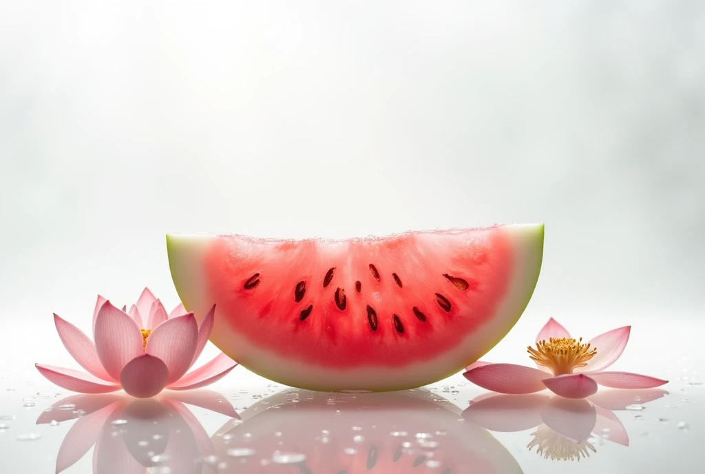 Close-up X-ray, translucence minimalist half watermelon in simple white background full of water drops, Lotus flower and lotus leaf, frosted glass blur covered, multiple exposures, macro photography, soft red, photography by william fang, shot on Hasselblad x2d --ar 9:16 --stylize 789 --v 6.1