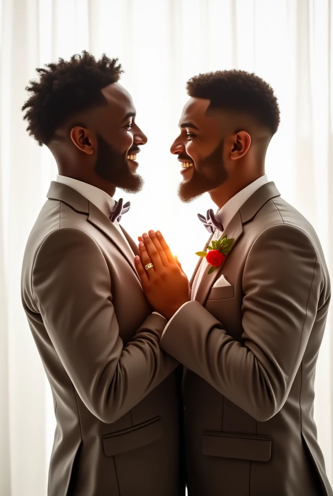 Gay couple getting married, a black man and a white man, white background 