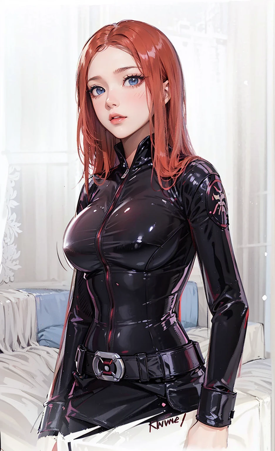 The image depicts Black Widow. She is illustrated with bright red, shoulder-length hair and blue eyes, and is clad in a sleek skin-tight shiny black latex bodysuit with a black silver zipper running down the front. The suit is complemented by her shiny iron wrist guard on both wrists and a metal belt with a buckle that features a red hourglass mark. Her gaze is intent and directed off-screen, implying alertness and focus on an unseen threat or target. She appears with a cute smile on her face. The atmosphere of the image conveys confidence and resilience, characteristics synonymous with the Black Widow persona. The background of the image is an off-white color, which creates a subdued and timeless ambiance.