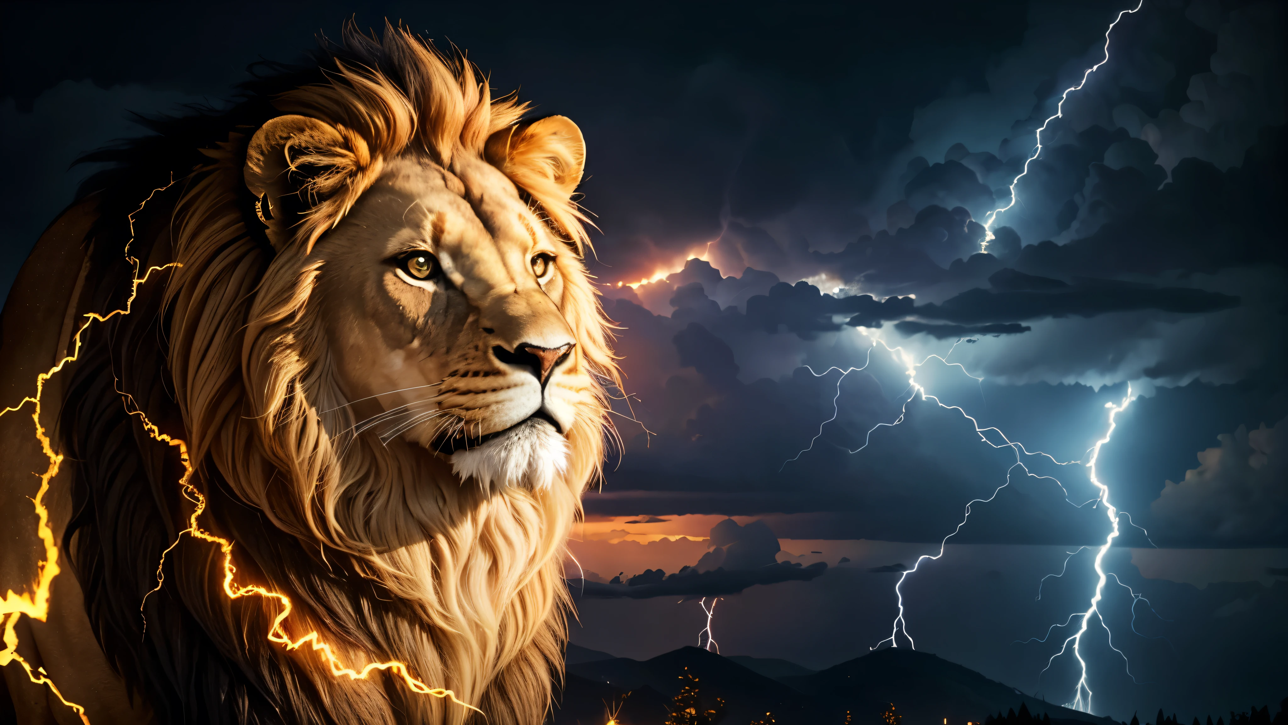 Lion, Divine lion, naturals, thunder, Realistic lion, rey, realistic detailed, sunset light, sky, sol da noite, realistic detailed 16K, Eletricidade Detalhada 8k, Texturas realistas de 8k, Cores photorrealistic 8k, fire azul, realistic detailed Fire Bolt, sky Light Detailed, Power of thunder, Divine Realistic, golden crown, golden crown, golden crown, naturey, Linda, Rendering, photorrealistic, UltraHigh definition, 4K, detailed textures, thunder, detailed shadows, detailed colors, neon blue, blue light, lightning strikes, blue power, naturey Linda, Great Divine, peaceful face, naturalss, lightning strike, Electric power screw, detailed contrast, realistic contrast, high resolution, detailed colors, fire, villany, divine creature, 8k FullHD, realistic detailed, 16K, 8k, High definition, detailed contrast, realistic contrast, high resolution, detailed colors, fire, villany, divine creature, 8k Realistic lion Face, Beauty Lion, Beauty Nature, realistic detailed, chic, elegance
