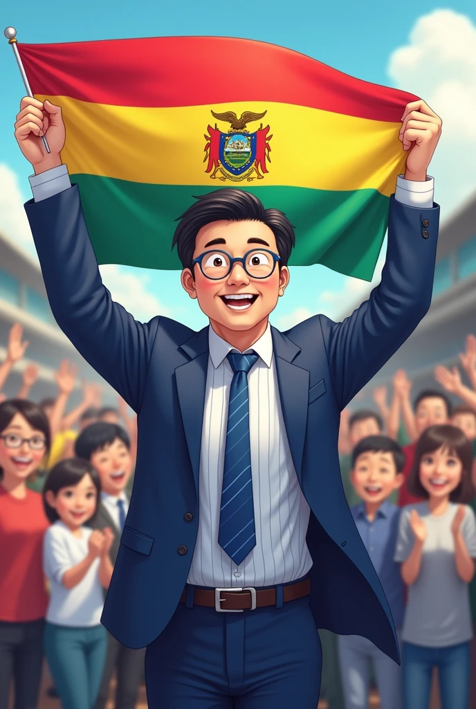 (40 year old Korean man with cheerful eyes wearing glasses wearing a blue suit and a white striped shirt and tie. Where he is holding a Bolivian flag without the logo just red, yellow and green. Create it in the form of a cartoon piscsart or anime with some people who cheer for you and love you
