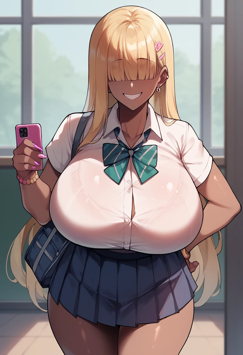 blonde, darkskin, gyaru, sly smile, huge breasts, school clothes, school uniform, bangs over eyes