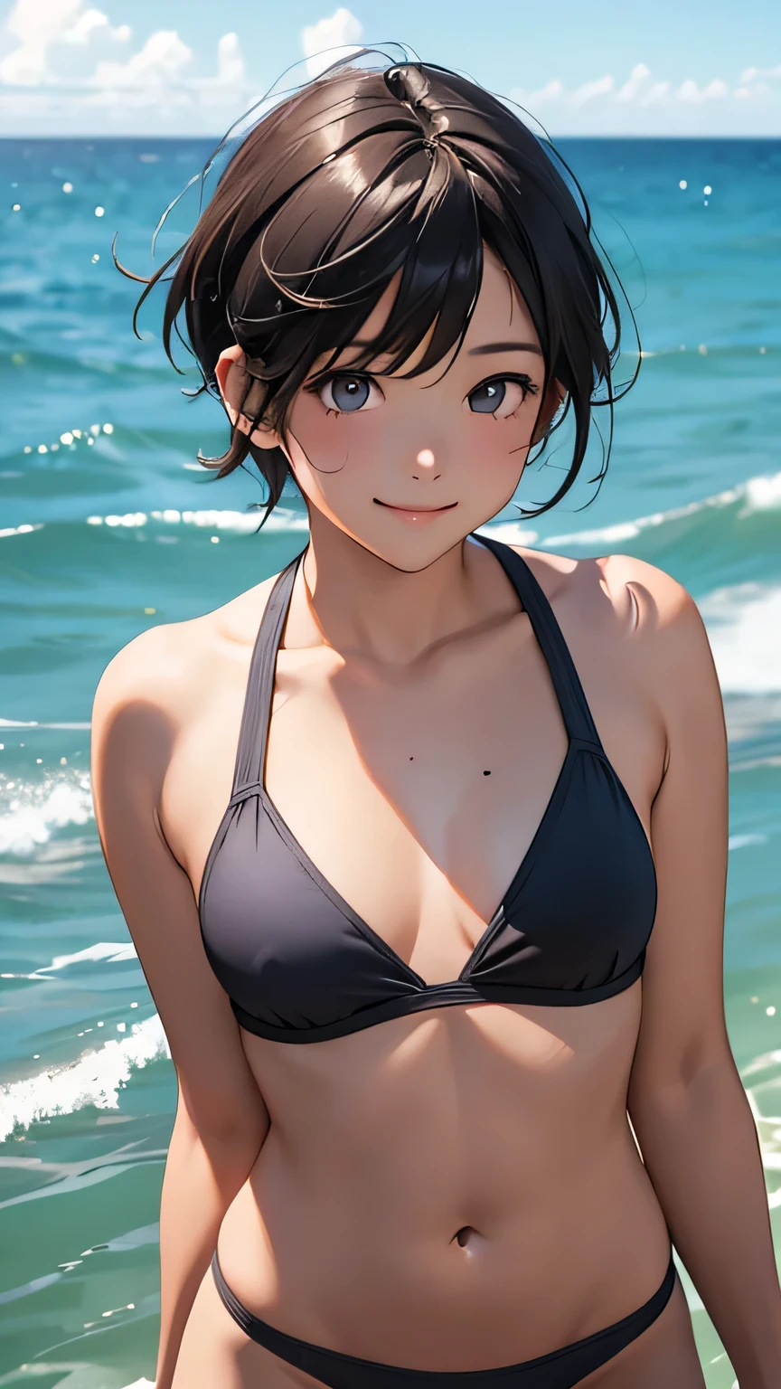 Highest quality、Realistic、、zoom、、Primary school students、man、low length、cute、Light grey eyes、Black Hair、short hair、Tanned brown skin、Dark Skin、Upper body naked、Light blue bikini pants、smile、Ocean