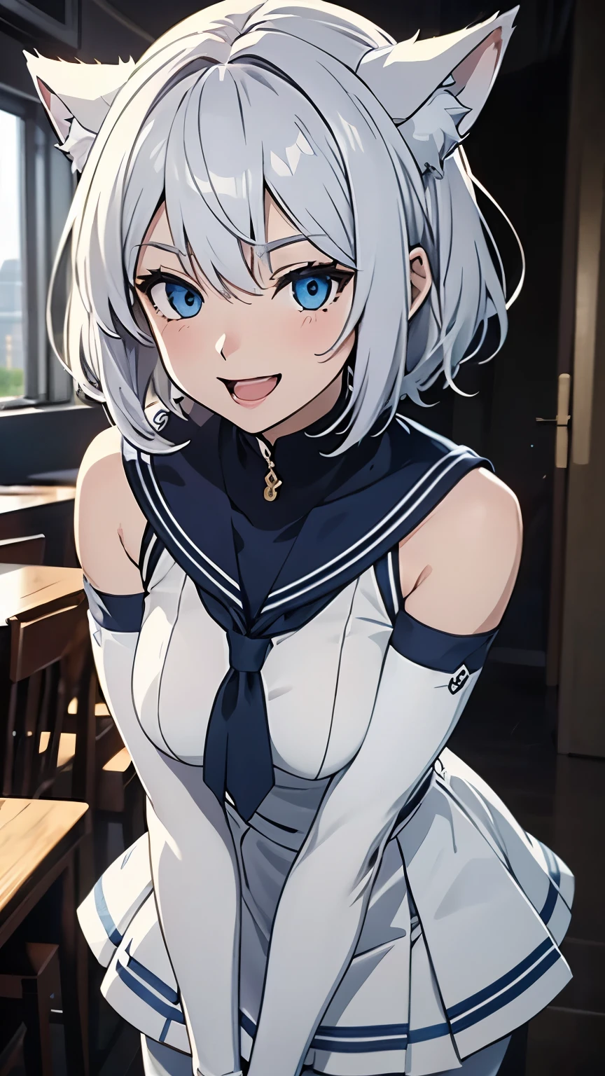 Tabletop　High resolution　Best image quality　8k　 Adult female　Anime Style　White long gloves（Elbow Gloves）　White Sailor Suit（Sleeveless）　Navy blue mini skirt　White Pantyhose　White wolf ears　short hair（（Shortcuts）（Gray Hair）（Perm）（fluffy））　blue eyes　Attractive face（（Laughter）（smile）（Open your mouth））　