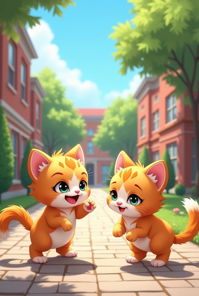 make a sticker of an animated kitten watching another kitten being happy while he is sad at university