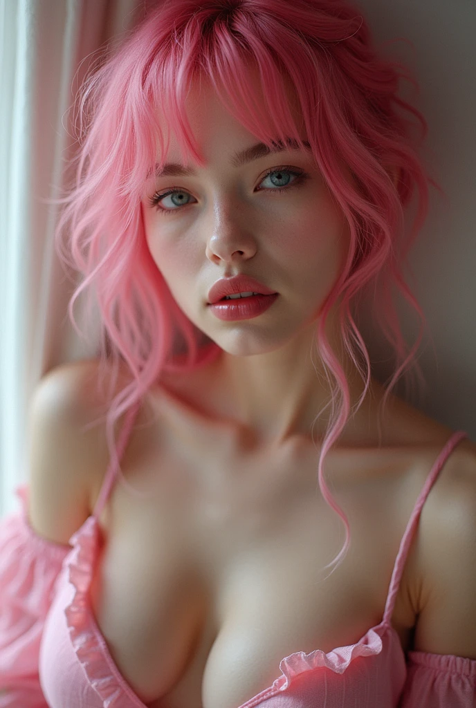 Cleavage of a girl with pink hair