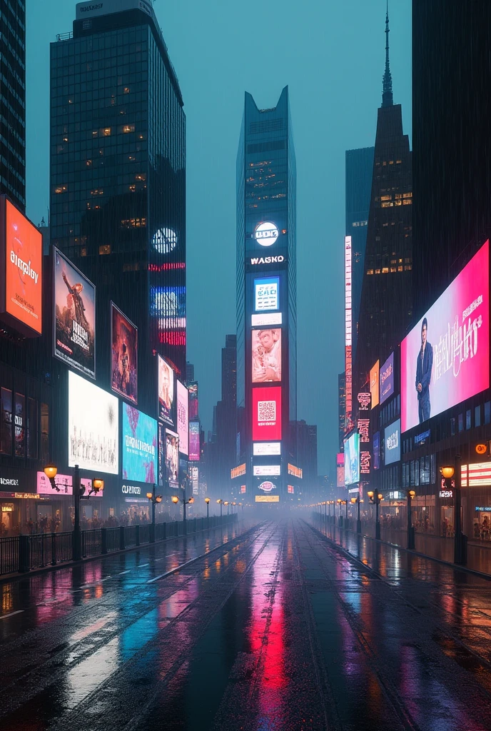 Photographic grade,Movie quality,CG Wallpaper,Cyber Times Square in New York City in the rain,Deserted streets