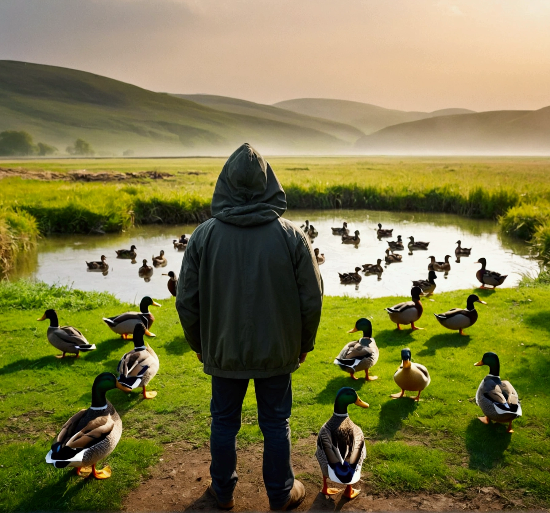 A man in a hooded jacket stands with his back to the camera, on the edge of a wild, untamed landscape. Around him, several ducks gather, as if ready to join him on a journey into the unknown. The scene captures a moment of anticipation, with the man poised to embark on an adventure he's never experienced before