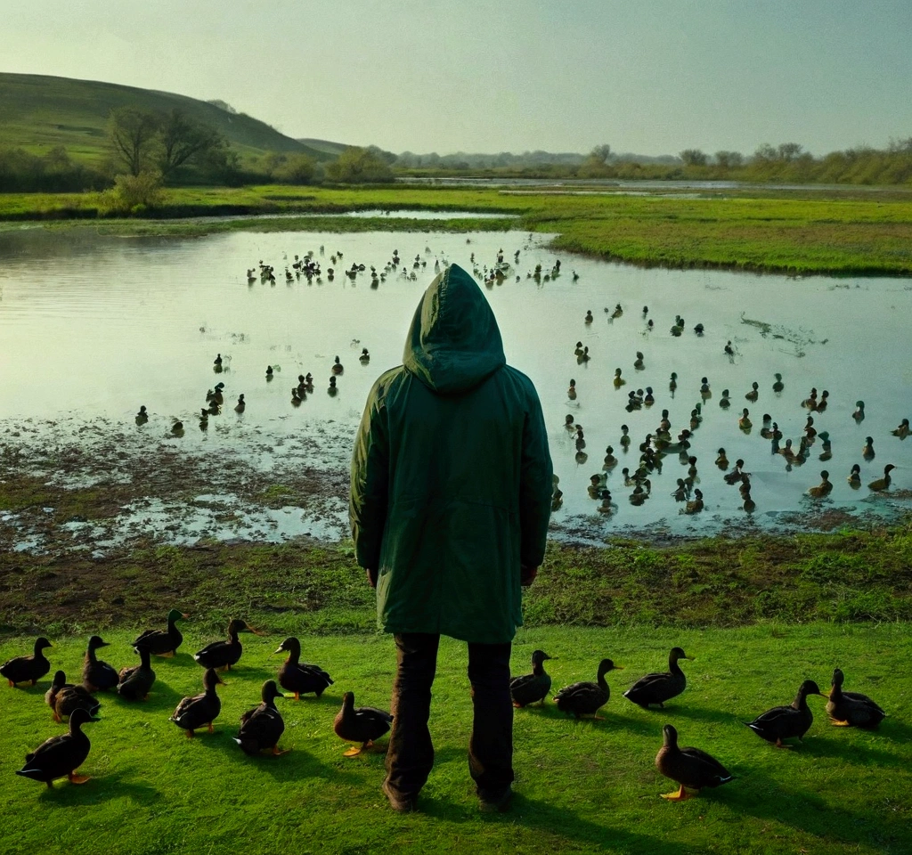 A man in a hooded jacket stands with his back to the camera, on the edge of a wild, untamed landscape. Around him, several ducks gather, as if ready to join him on a journey into the unknown. The scene captures a moment of anticipation, with the man poised to embark on an adventure he's never experienced before