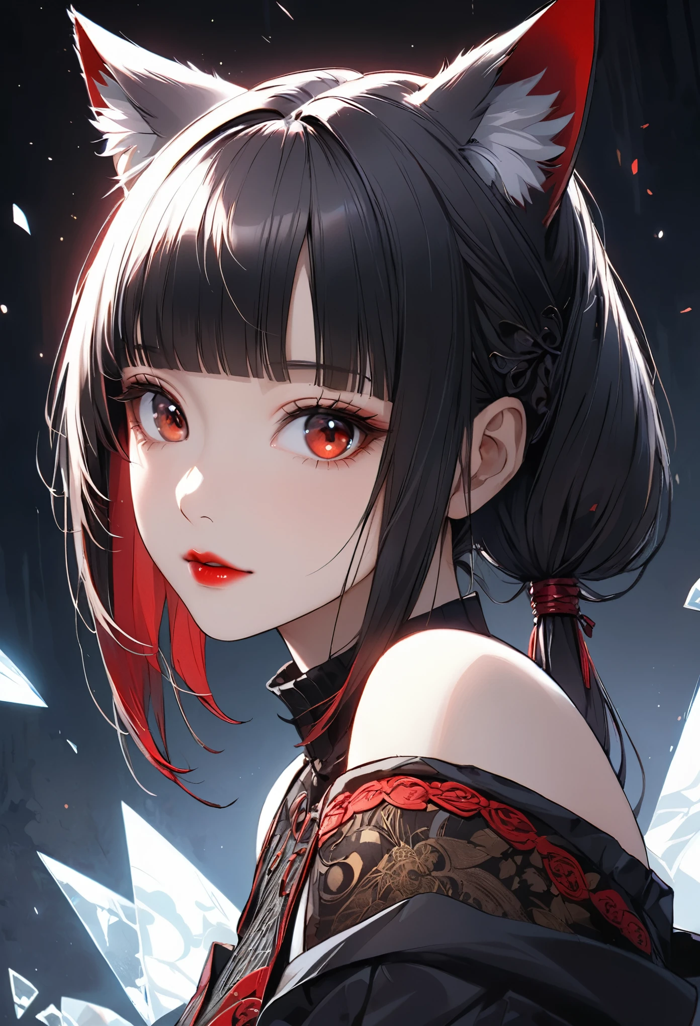 Masterpiece, Best quality, gif,1 porcelain ceramic girl, Solo, Natural skin texture, Realistic black eyes and facial details :5),(Dark :1. 4), Deep shadows, Extremely detailed beauty, Detailed eyes and face, sharp black eyes, Red lipstick, No black eyeliner, Detailed Gothic costumes, pony tails, Black hair, nikon d850 film, Surreal, Authentic textures, Dramatic, lighting, illusory engine, (facial clarity :1). 5), (Transparent clothes :1); 1) Gothic style, Black lace, tattoo. Japanese girl with more or less long black hair with bangs and red highlights, e sexy, Lady,Red hair,dress,beautiful,anime,tattoo, face portrait, close up, big beautiful detailed eyes, ulzzang, art nouveau, candy, sweets, tattoo background pattern, tapestry, backlit, neon palette, geisha, 3 dimensional against a traditional japanese tapestry, ,((long hair slightly wavy slightly past the shoulders, black bangs, small black pigtails on the sides, cute cat ears, beautiful thin red eyes,)),Gafe,Muslos carnosos,Estilo de publicidad del cartel.,Ultracortos,Simetall,C cup,happy expression, jinxlol. (Masterpiece, Best quality, Ultra-detailed, Best shadow), (Detailed background,Dark fantasy), (Beautiful detailed face), High contrast, (Best illumination, An extremely delicate and beautiful), ((Cinematic light)), Colorful, Hyper-detailing, Dramaticlight, Intricate details, (1 girl, Solo,Black hair, sharpy face,Low Twin Tails,Red eyes, hair between eye,Dynamic Angle), blood spatter, swirling black light around character, Depth of field,Black light particles,(Broken glass),Magical Circle, 1girl, solo, monochrome, greyscale, bob cut, short hair, portrait, turtleneck, closed mouth, bangs, looking at viewer, blunt bangs, sketch, graphite \(medium\), lips, hatching \(texture\), red lips