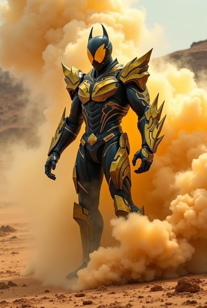 Create superhero with suit full body armour look alike kamen rider with scorpion element smoke effect background at desert yellow black gold suit