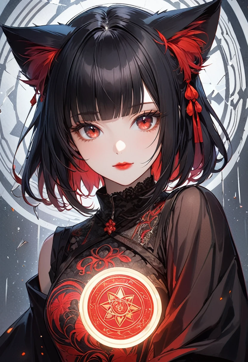 Masterpiece, Best quality, gif,1 porcelain ceramic girl, Solo, Natural skin texture, Realistic black eyes and facial details :5),(Dark :1. 4), Deep shadows, Extremely detailed beauty, Detailed eyes and face, sharp black eyes, Red lipstick, No black eyeliner, Detailed Gothic costumes, pony tails, Black hair, nikon d850 film, Surreal, Authentic textures, Dramatic, lighting, illusory engine, (facial clarity :1). 5), (Transparent clothes :1); 1) Gothic style, Black lace, tattoo. Japanese girl with more or less long black hair with bangs and red highlights, e sexy, Lady,Red hair,dress,beautiful,anime,tattoo, face portrait, close up, big beautiful detailed eyes, ulzzang, art nouveau, candy, sweets, tattoo background pattern, tapestry, backlit, neon palette, geisha, 3 dimensional against a traditional japanese tapestry, ,((long hair slightly wavy slightly past the shoulders, black bangs, small black pigtails on the sides, cute cat ears, beautiful thin red eyes,)),Gafe,Muslos carnosos，Estilo de publicidad del cartel.，Ultracortos，Simetall，C cup，happy expression, jinxlol. (Masterpiece, Best quality, Ultra-detailed, Best shadow), (Detailed background,Dark fantasy), (Beautiful detailed face), High contrast, (Best illumination, An extremely delicate and beautiful), ((Cinematic light)), Colorful, Hyper-detailing, Dramaticlight, Intricate details, (1 girl, Solo,Black hair, sharpy face,Low Twin Tails,Red eyes, hair between eye,Dynamic Angle), blood spatter, swirling black light around character, Depth of field,Black light particles,(Broken glass),Magical Circle, 1girl, solo, monochrome, greyscale, bob cut, short hair, portrait, turtleneck, closed mouth, bangs, looking at viewer, blunt bangs, sketch, graphite \(medium\), lips, hatching \(texture\), red lips