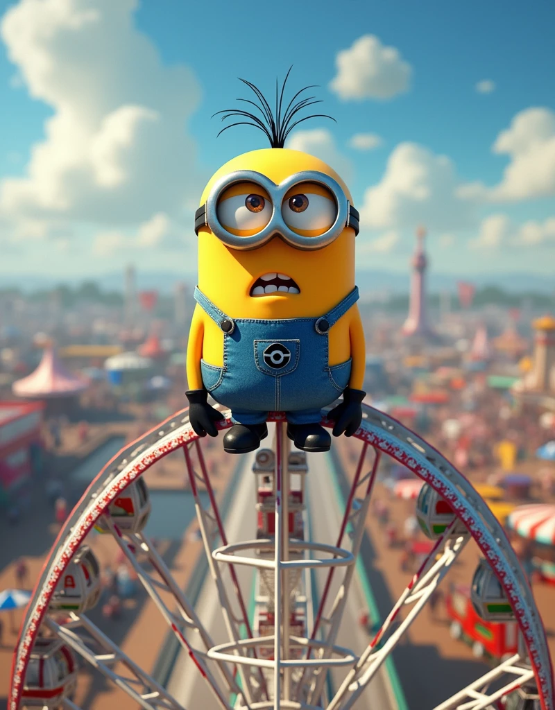 Minion Kevin sitting on the giant ferris wheel, at the top, trembling and singing to keep calm.