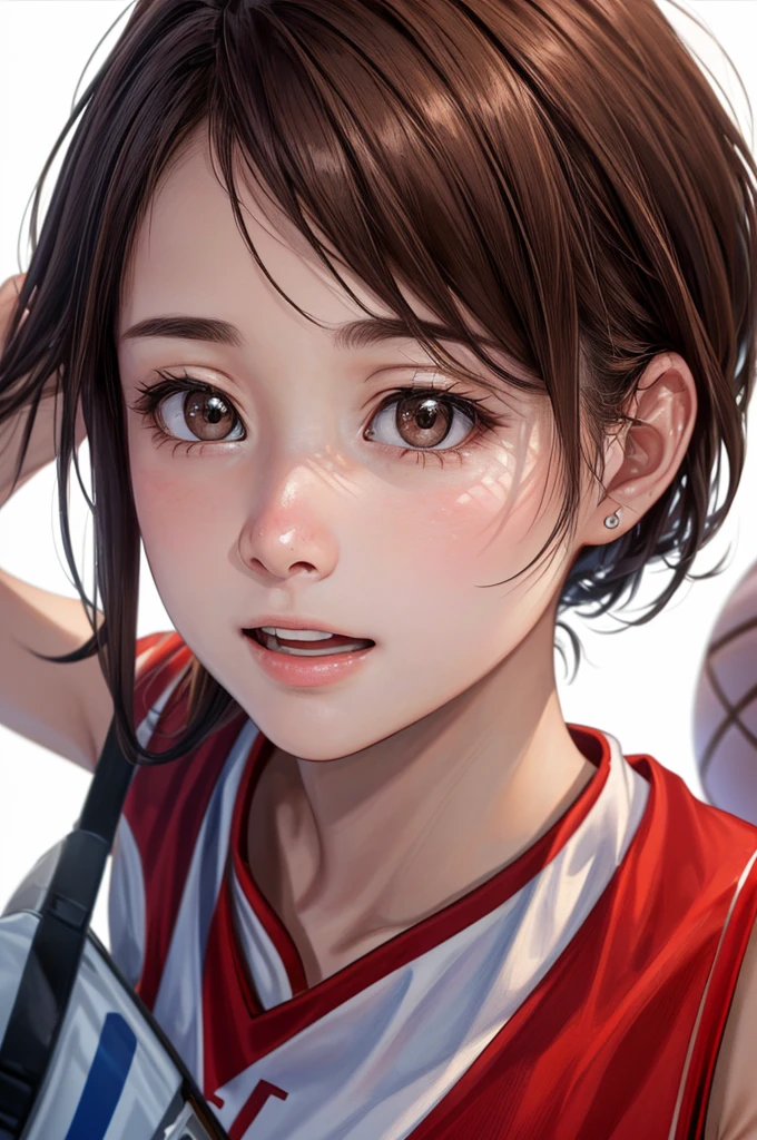 (((Frame In、Pure white wall background、Highest quality、8k、32K、masterpiece)))、(Realistic)、(Realistic:1.2)、(High resolution)、Very detailed、Very beautiful face and eyes、1 person、Round and small face、Tight waist、Delicate body、(close、Highest quality、Attention to detail、Rich skin detail)、(Highest quality、8k、Oil paints:1.2)、Very detailed、(Realistic、Realistic:1.37)、Bright colors、(((Brown Hair)))、(((Brown Hair)))、(((Cowboy Shot)))、(((Bob Hair)))、(((Pure white wall background)))、(((Wearing a basketball uniform)))、(((red basketball outfit)))、(((Surprised face)))、(((1 female)))、(((Tank top style uniform)))、