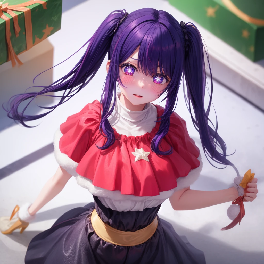 1 girl, alone, high quality, big tits, beautiful, slender, shoot from above BREAK Sparkling_eye, Purple Hair, Long Hair, pigtails, Star-shaped pupils, +_+, Christmas costume, embarrassing, blush