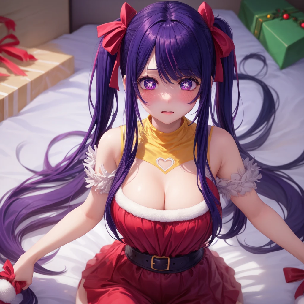 1 girl, alone, high quality, big tits, beautiful, slender, shoot from above BREAK Sparkling_eye, Purple Hair, Long Hair, pigtails, Star-shaped pupils, +_+, Christmas costume, embarrassing, blush