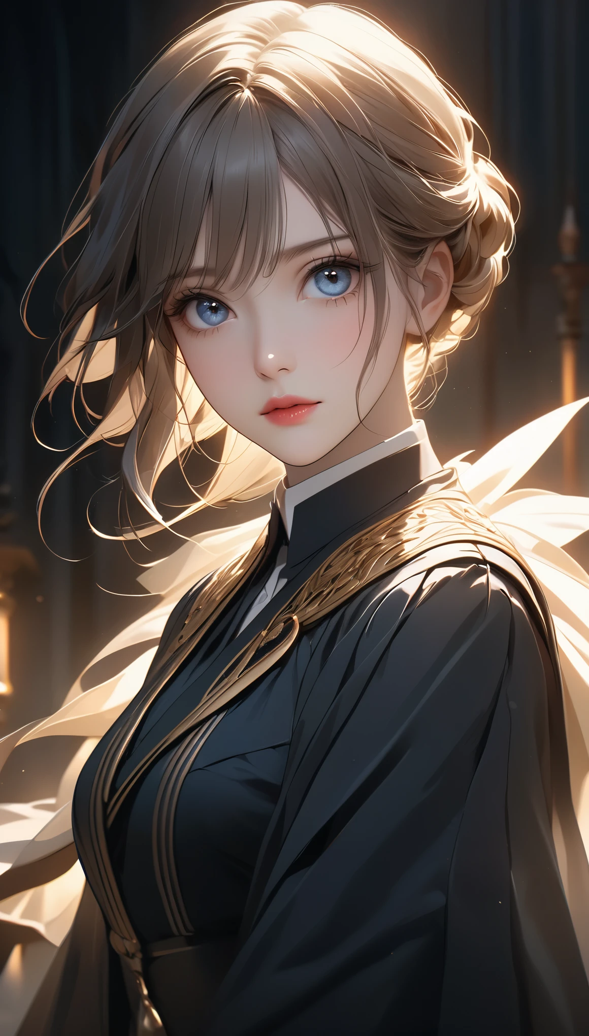 Beautiful and delicate eyes, Beautiful and delicate lips, Extremely detailed eyes and face, Long eyelashes, Elegant female lawyer, Elegant and poised, Guardian of the accused, A beacon of hope in the darkness, Excellent legal defense, Aesthetic defense before historic verdict, Maintaining the rule of law, A clear alibi reveals a clear path, Free from false charges, Wonderful deductive reasoning, Seamless integration,Logically sound, (best quality,4K,8K,high resolution,masterpiece:1.2),Extremely detailed,(Practical,photoPractical,photo-Practical:1.37),Professional Portraits, Dramatic Lighting, Film composition, Moody and atmospheric, Soft tones, Dramatic chiaroscuro