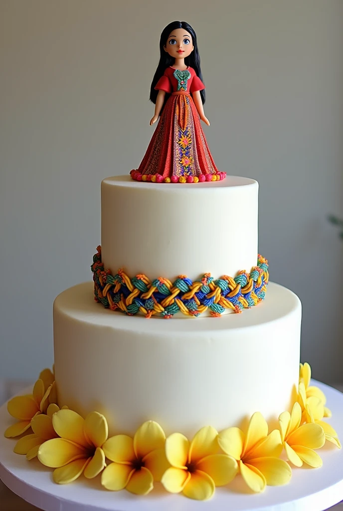 Imagine a two-tier cake, completely white, with a smooth and elegant finish. At the top a typical doll and at the base of each floor sacuanjoche flowers, There are braids that imitate the typical ornaments of Nicaraguan folklore dresses., with bright colors like red, blue, green and yellow. These braids are delicate and finely detailed., adding a cultural and festive touch.

At the bottom of the first tier of the cake and perhaps at some strategic points on the sides, sacuanjoche flowers are placed (the national flower of Nicaragua), with its soft yellow petals, which contrasts beautifully with the white background of the cake. The flowers could be fresh or made from fondant., but they are placed in a way that they look natural and elegant.
