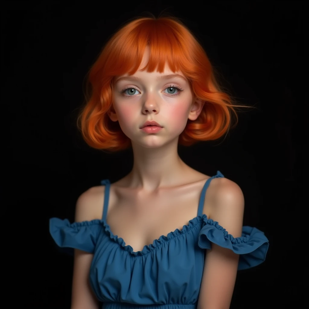 professional, portrait photography, studio light from above and key light from below, cute girl (Sharp Focus:1.3), very detailed, beautiful detailed face, orange hair bob hairstyle, eyes half-closed, as if enjoying the sound, --Detailing, whole body, a lot of femininity, Blue dress, Tempting, Dazzling, Black background