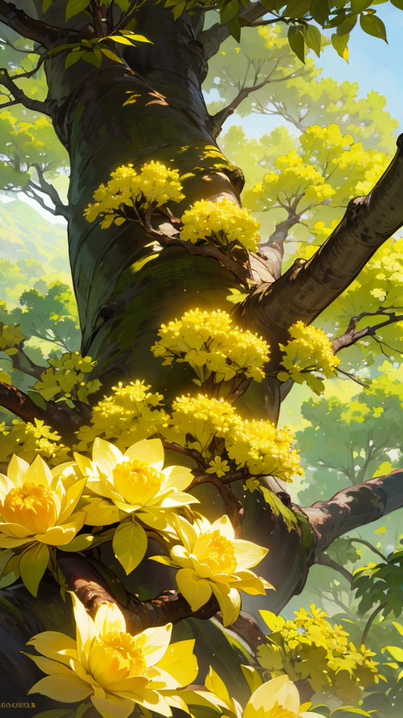 ipê amarelo tree, beautiful detailed tree, yellow flowers, lush green leaves, intricate bark texture, sunlight filtering through the branches, dramatic lighting, golden hour, serene landscape, photorealistic, highly detailed, masterpiece, 8k, ultra-detailed, vivid colors, natural scenery, landscape painting