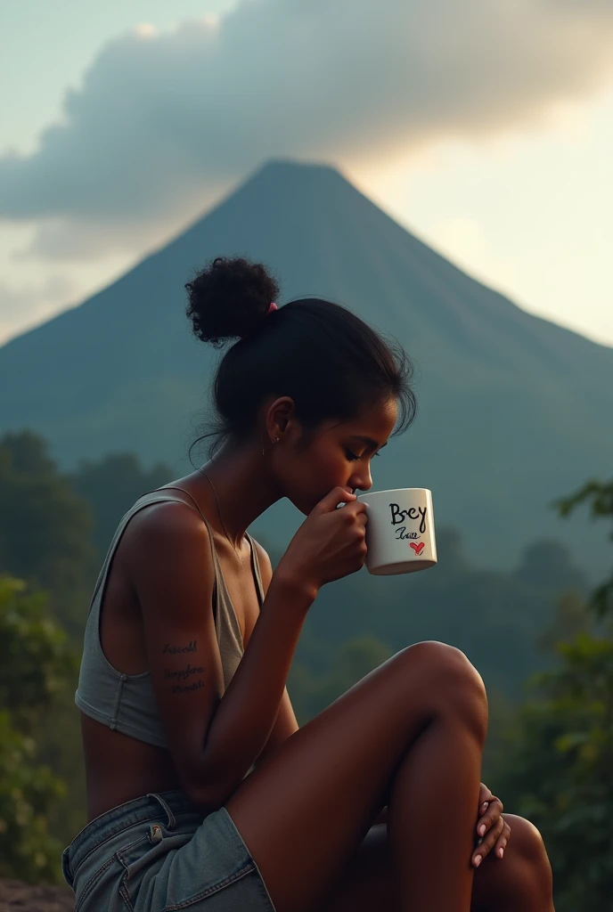 A dark-skinned girl drinking a cup of coffee sitting in front of the Arenal Volcano in Costa Rica She has a tattoo that says "Joscelyn" and the coffee mug has the name Bey written on it and a heart emoji next to it on the mug