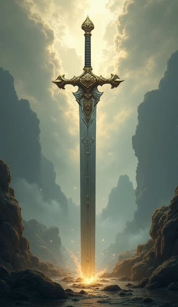 create a landscape of a symbolized sacred sword, advocate of justice and the embodiment of certainty in law both manifest and implied, balancing and aligning