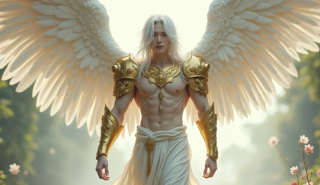 - A gentle, white-winged male Asian feature albino angel (simple design)
    - Soft colors, with a subtle glow, white long hair, white skin, purpled color eyes, most beautiful male angel, white and gold large wings, built-in gold armor on chest and arms, large muscular biceps, chiseled ads, define jawline, pearl white lower garment, 32K UHD, masterpiece, best quality, style raw, walking through an enchanted garden of Eden.
    - Ethereal background, with a subtle texture