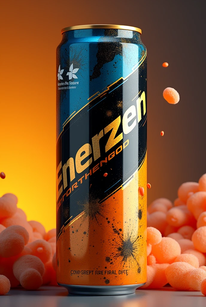 Create an energy drink bottle with the name Enerzen that contains the colors gold, orange, blue and black