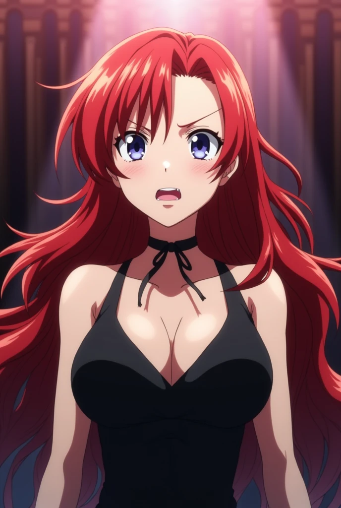 Screenshot of my hero academia.
Girl with long, strong red straight hair, He has navy blue eyes and a serious, tired expression.. She is wearing a low-cut black dress and a stage in the background and she is singing.