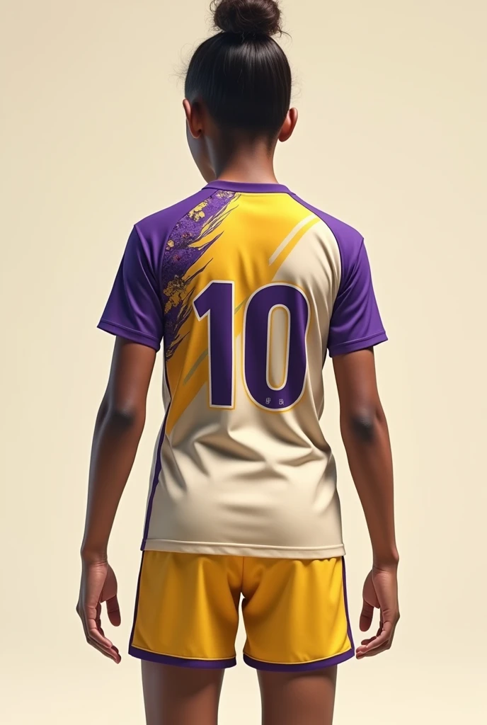 Girls and boys soccer sports uniform in light beige that combines with gold and purple with a print and that on the back of the shirt has a name and a number that the light beige color stands out