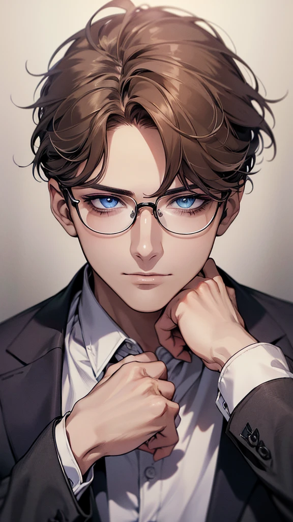 masterpiece, Highest quality, 1 male, Brunette Hair, blue eyes, Glasses, White shirt, Mugshot, Wall Background, Detailed eyes, Detailed facial features, リアルでHigh resolution (Highest quality, 4K, 8k, High resolution, masterpiece:1.2)