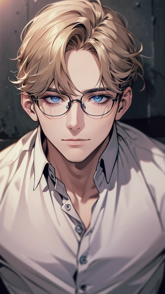 masterpiece, Highest quality, 1 male, Brunette Hair, blue eyes, Glasses, White shirt, Mugshot, Wall Background, Detailed eyes, Detailed facial features, リアルでHigh resolution (Highest quality, 4K, 8k, High resolution, masterpiece:1.2)