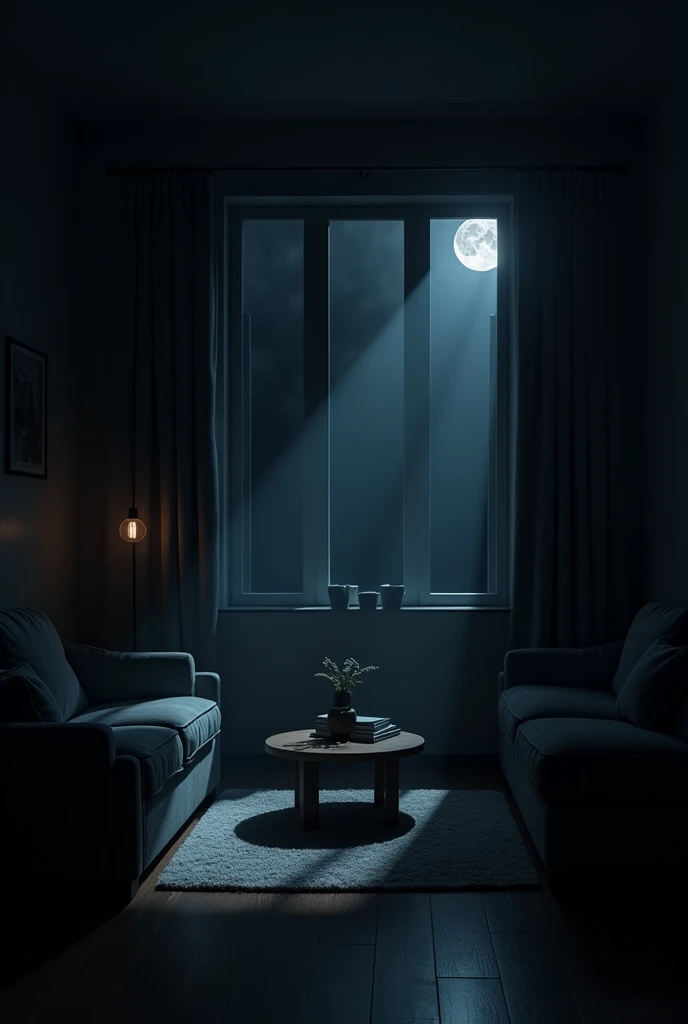Create a living room, at night with all the lights off, in total darkness and only a small thread of moonlight illuminating a small part of the environment
