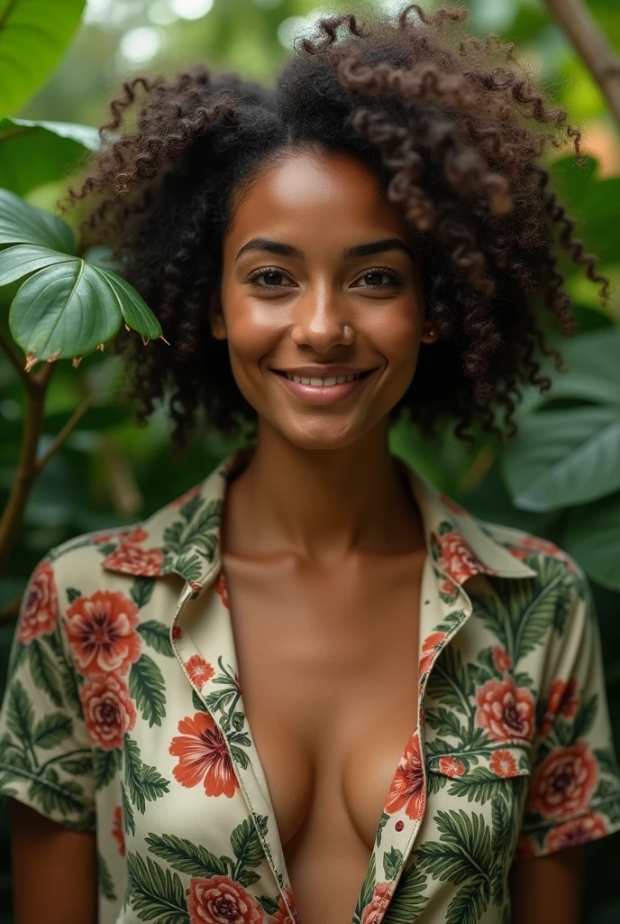 A Brazilian woman in a lush tropical garden, wearing an open shirt with a floral print, with a close-up capturing the harmonious beauty between her breasts and the natural flowers, showing off your natural charm and outgoing personality.