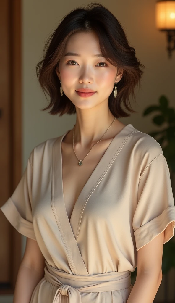 Highest quality, Very detailed, masterpiece, 1 person,Japanese women,(((Perfect female body))),Very beautiful face, Very beautiful body,Gentle expression, Very beautiful eyes,(Perfect Makeup:1.1),Big Breasts,40s、short hair、Brown Hair:1.3, Big Breasts、Soft body、ベージュのモノトーンビッグサイズShort sleeveシャツ,Ankle Pants,necklace,anklet,A kind smile,Full body portrait,(indoorの背景:1.3), (Glowing Skin),(Earrings),indoor、cute、Short sleeve