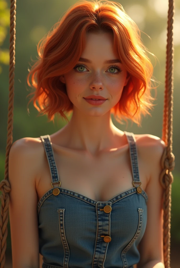 ((masterpiece, realist :1.3)), highly detailed, Rembrandt Lighting, ((fotorealist :1.2)), Best Quality, ((extremely detailed skin :1.3)), intricate details, ray tracing, young woman, 20 years, short red hair, cascading bob hairstyle, green eyes, subtle smile, oval and cute face, very pale skin with freckles and natural texture, slim figure but with wide hips, dressed in a denim jumpsuit, without innuendos, large bust but no visible nipple details, on a swing, soft and dramatic lighting, Warm and welcoming atmosphere, cinematic style, 8k hd, DSLR, film grains, high quality, Fujifilm XT3.
