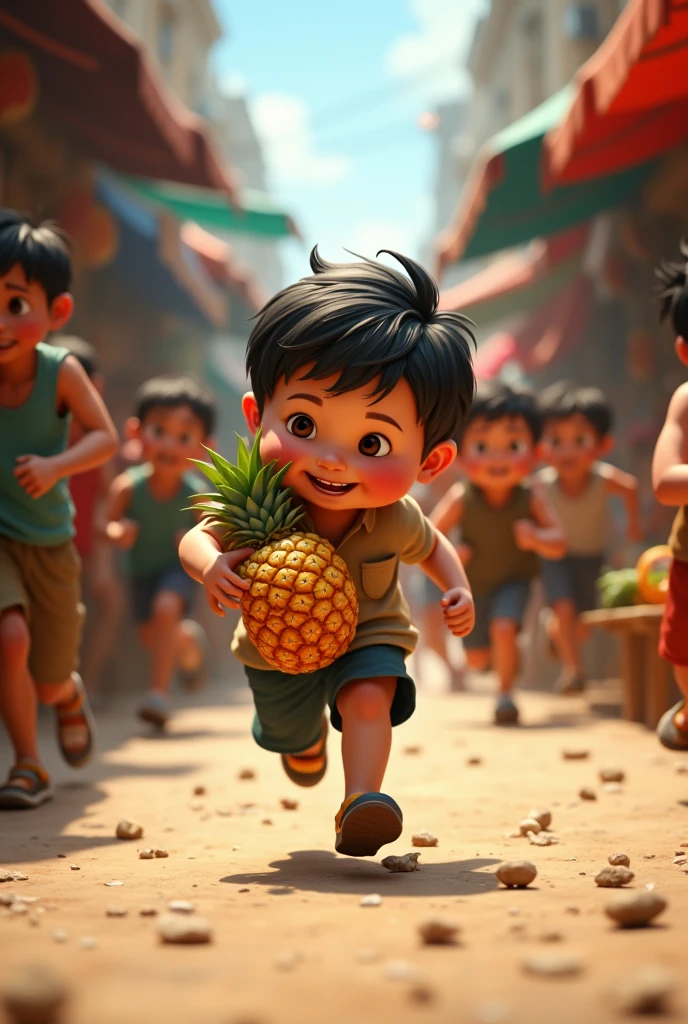Give me a picture , The chubby boy was chased by many people in the market and ran away holding a mango.