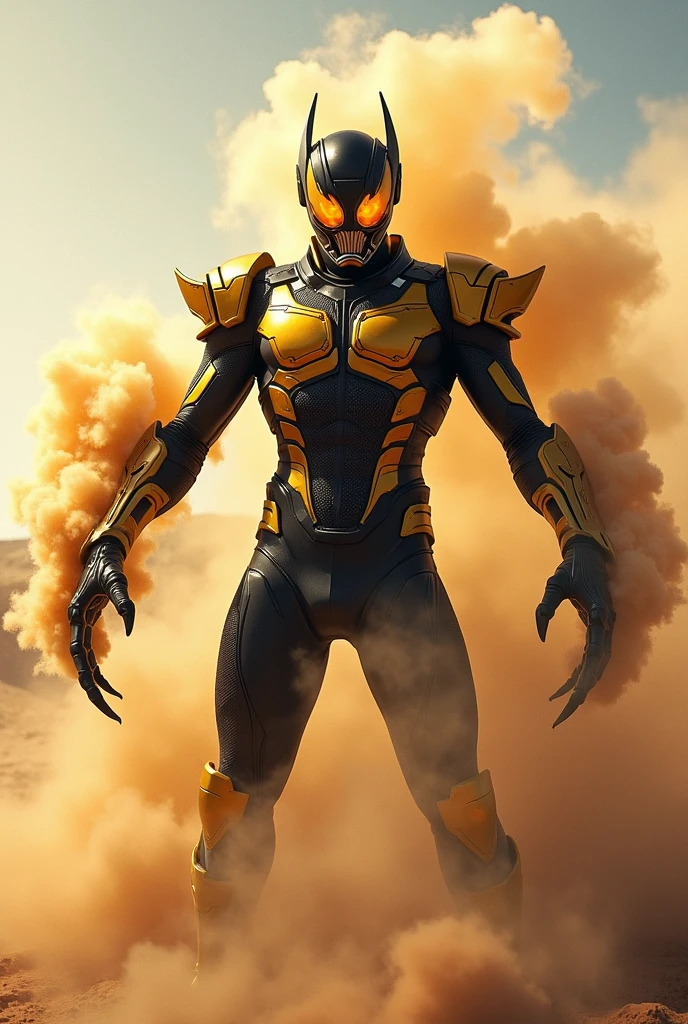 Create superhero with suit full body armour look alike kamen rider with scorpion element smoke effect background at desert yellow black gold suit fighting action