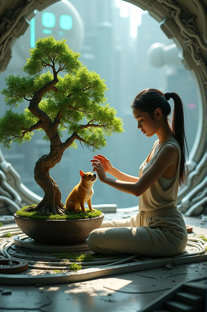 Gardenier of bonsai dog and puppy in the machine of espacial