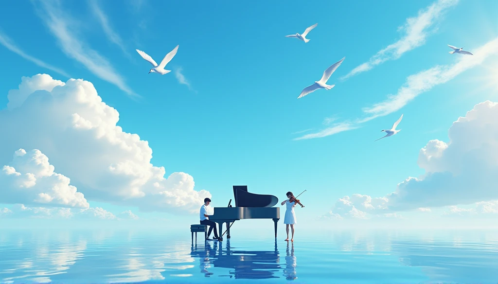 青空とcloudに囲まれた幻想的なシーンが描かれています。 There is a black piano in the center of the screen..、male２name、woman２nameがいます、Man Playing the Piano、バイオリンを弾くwoman、Both are students、Young people、Young people、White birds are flying in the background、The ground is covered with water.、that&#39;It's very beautiful, Like a mirror.。Highly detailed CG Unity 8K wallpapers、Cinema Lighting、Lens flare、Beautiful attention to detail、landscape、Ultra HD、cloud、8K quality、Ultra Sharp、Real Light、Surreal