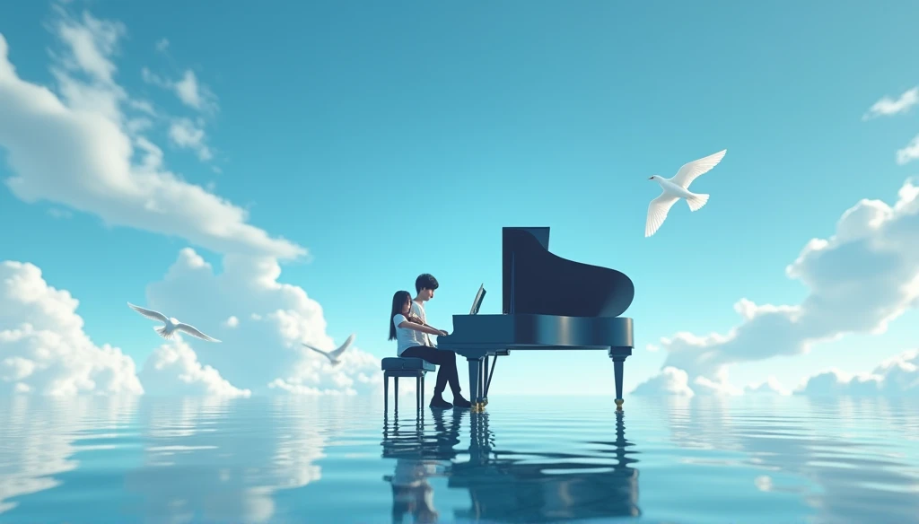青空とcloudに囲まれた幻想的なシーンが描かれています。 There is a black piano in the center of the screen..、male２name、woman２nameがいます、Man Playing the Piano、バイオリンを弾くwoman、Both are students、Young people、Young people、White birds are flying in the background、The ground is covered with water.、that&#39;It's very beautiful, Like a mirror.。Highly detailed CG Unity 8K wallpapers、Cinema Lighting、Lens flare、Beautiful attention to detail、landscape、Ultra HD、cloud、8K quality、Ultra Sharp、Real Light、Surreal