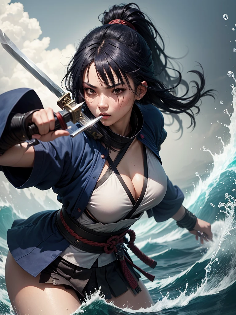 A 20-year-old woman,Samurai,messy dark blue hair,skin fair,left eye patch,roupas Samurais, holding sword,water powers 