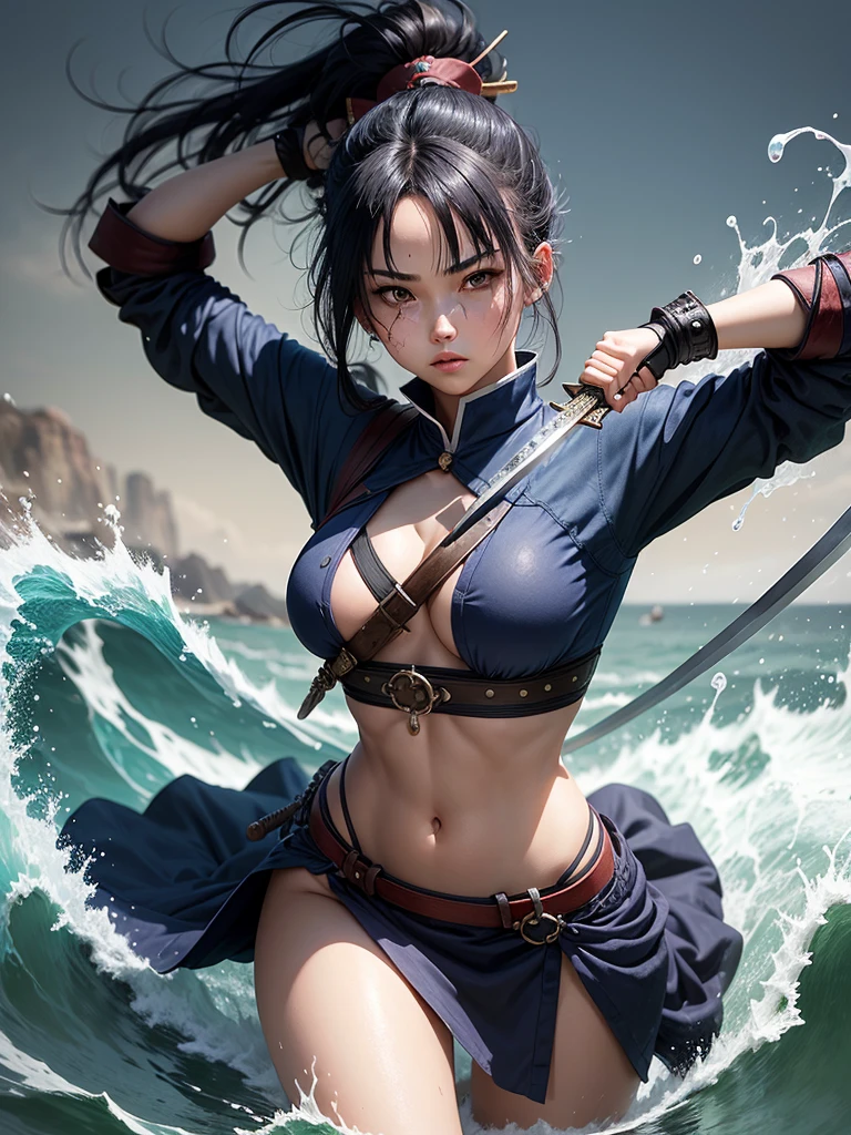 A 20-year-old woman,Samurai,messy dark blue hair,skin fair,left eye patch,roupas Samurais, holding sword,water powers 