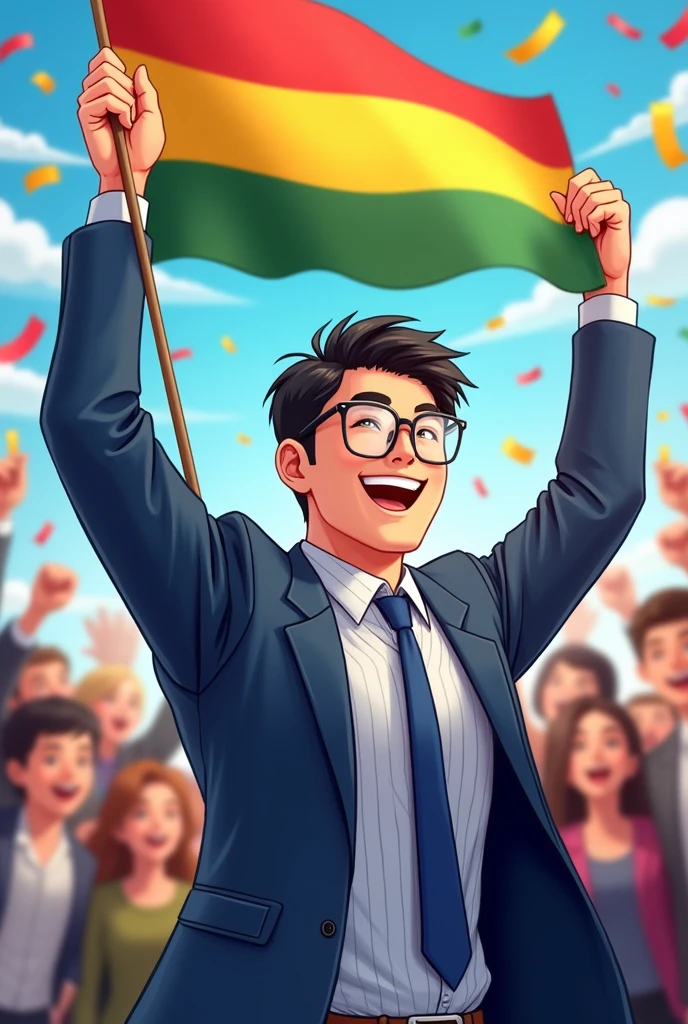 (40 year old Korean man with cheerful eyes wearing glasses wearing a blue suit and a white striped shirt and tie. Where he is holding a Bolivian flag without the logo just red yellow and green without the flag logo just red yellow and green . Create it in the form of a cartoon piscsart or anime with some people who cheer for you and love you