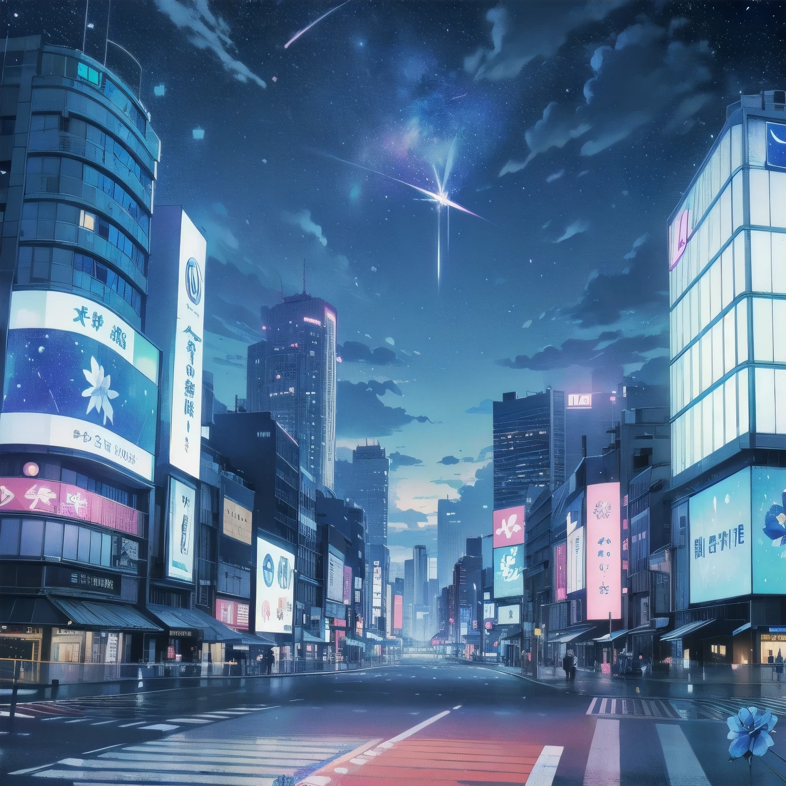 TOKYO、(((Buildings)))、(((Big North Star in the sky)))、Colorful night view、(((blue flower)))、(((cloud)))、Close-up of the North Star、Highly detailed background、(((pedestrian crossing)))、neon、a lot of billboard
