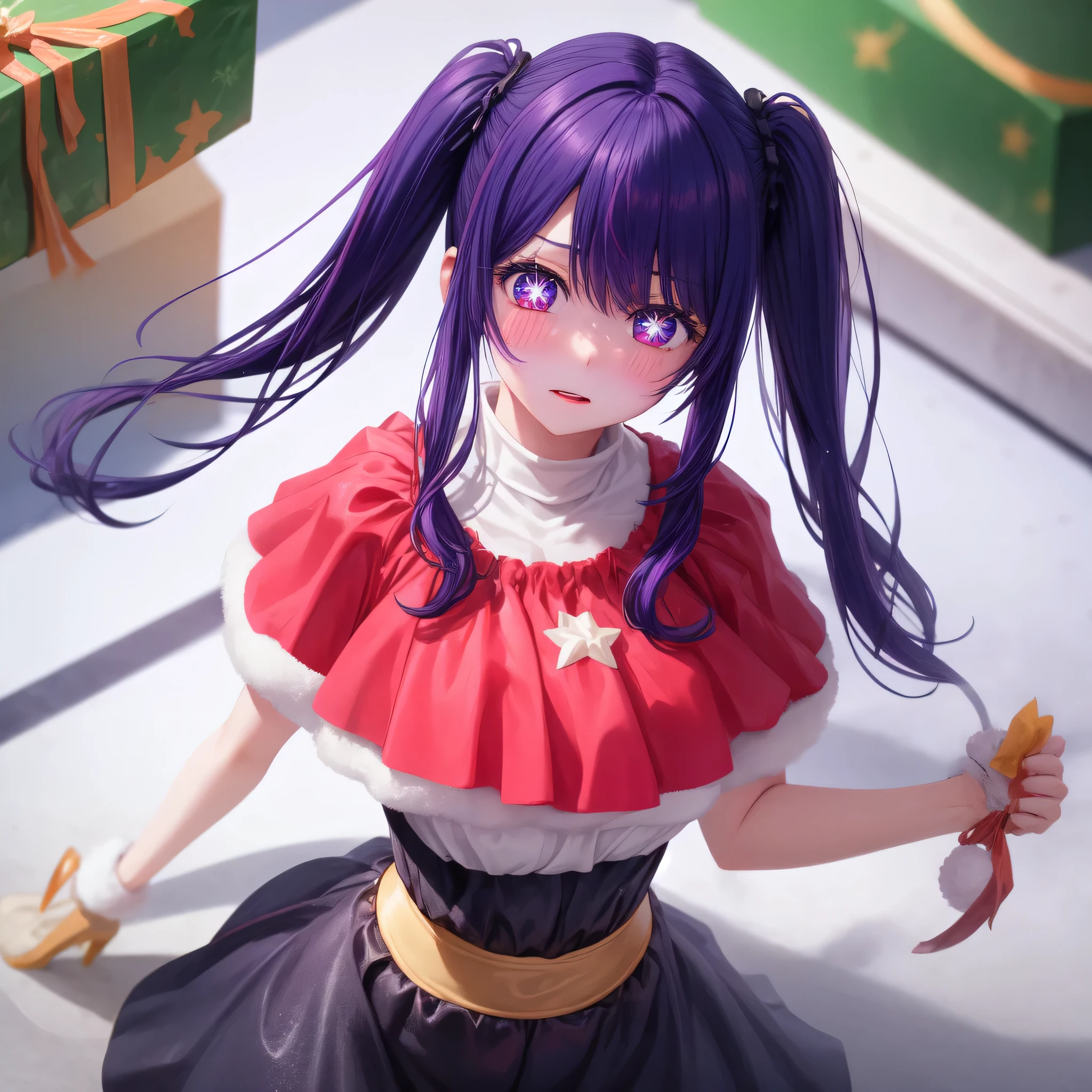 1 girl, alone, high quality, big tits, beautiful, slender, shoot from above BREAK Sparkling_eye, Purple Hair, Long Hair, pigtails, Star-shaped pupils, +_+, Christmas costume, embarrassing, blush