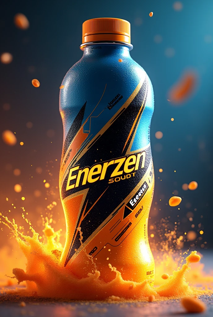Create an energy drink bottle with the name Enerzen that contains the colors gold, orange, blue and black