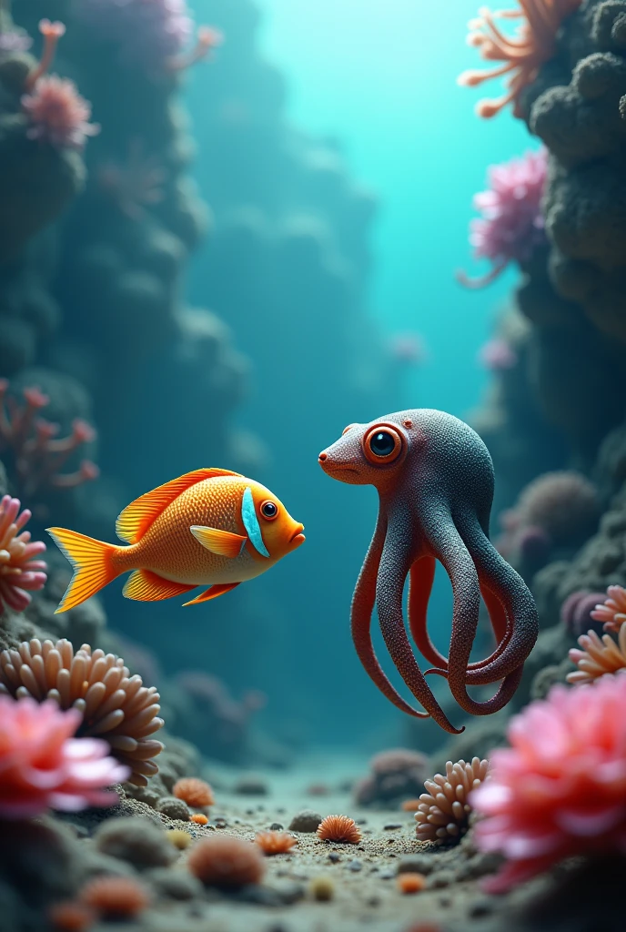 Create a realistic image of a fish and an octopus side by side

