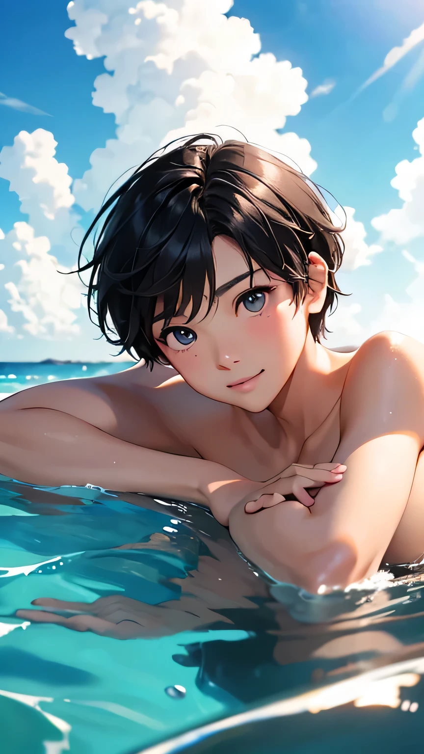 Highest quality、Realistic、、zoom、、Primary school students、man、low length、cute、Light grey eyes、Black Hair、short hair、Tanned brown skin、Dark Skin、Upper body naked、Light blue small Ocean swimwear、smile、Ocean