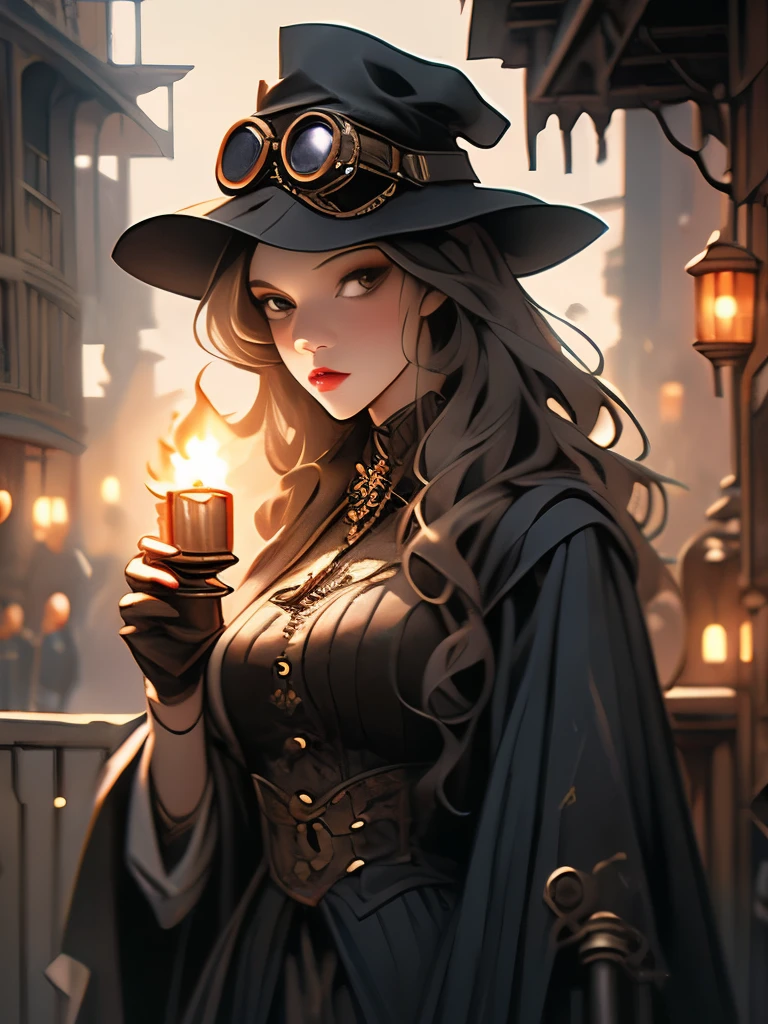 a human in a hat holding a lantern, the plague doctor, steampunk clothes, evil steampunk pyromancer woman, in detailed steampunk dress, steampunk wizard, plague doctor, inspired victorian sci - fi, ( steampunk ), (steampunk), robe. extremely high details, victorian goth, victorian style costume, cgsociety 4k”, steampunk cyberpunk, steampunk!!! and modern